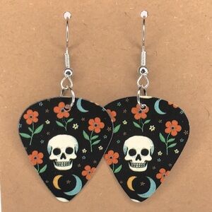 Skull and Floral Guitar Pick Earrings